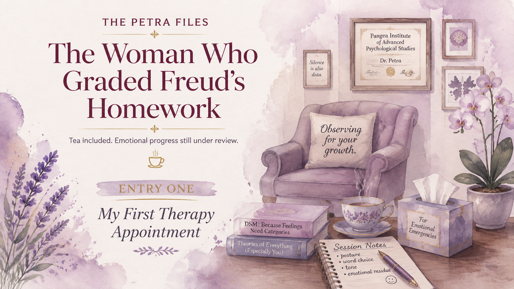 Illustrated watercolor cover of a woman arriving for her first therapy appointment while meeting Dr. Petra.
