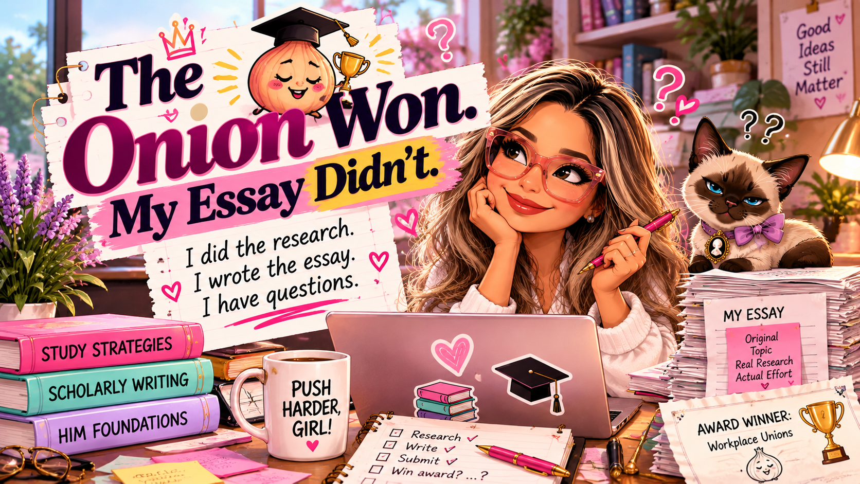 Chibi illustration of a college student wearing pink glasses beside a graduation-capped onion, academic books, and a laptop, with the title The Onion Won. My Essay Didn’t.